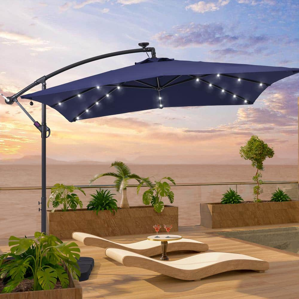 Sonkuki 8.2 ft. x 8.2 ft. Patio Offset Cantilever Umbrella With LED Lights, Rectangular Canopy, Steel Pole and Ribs in Navy Blue