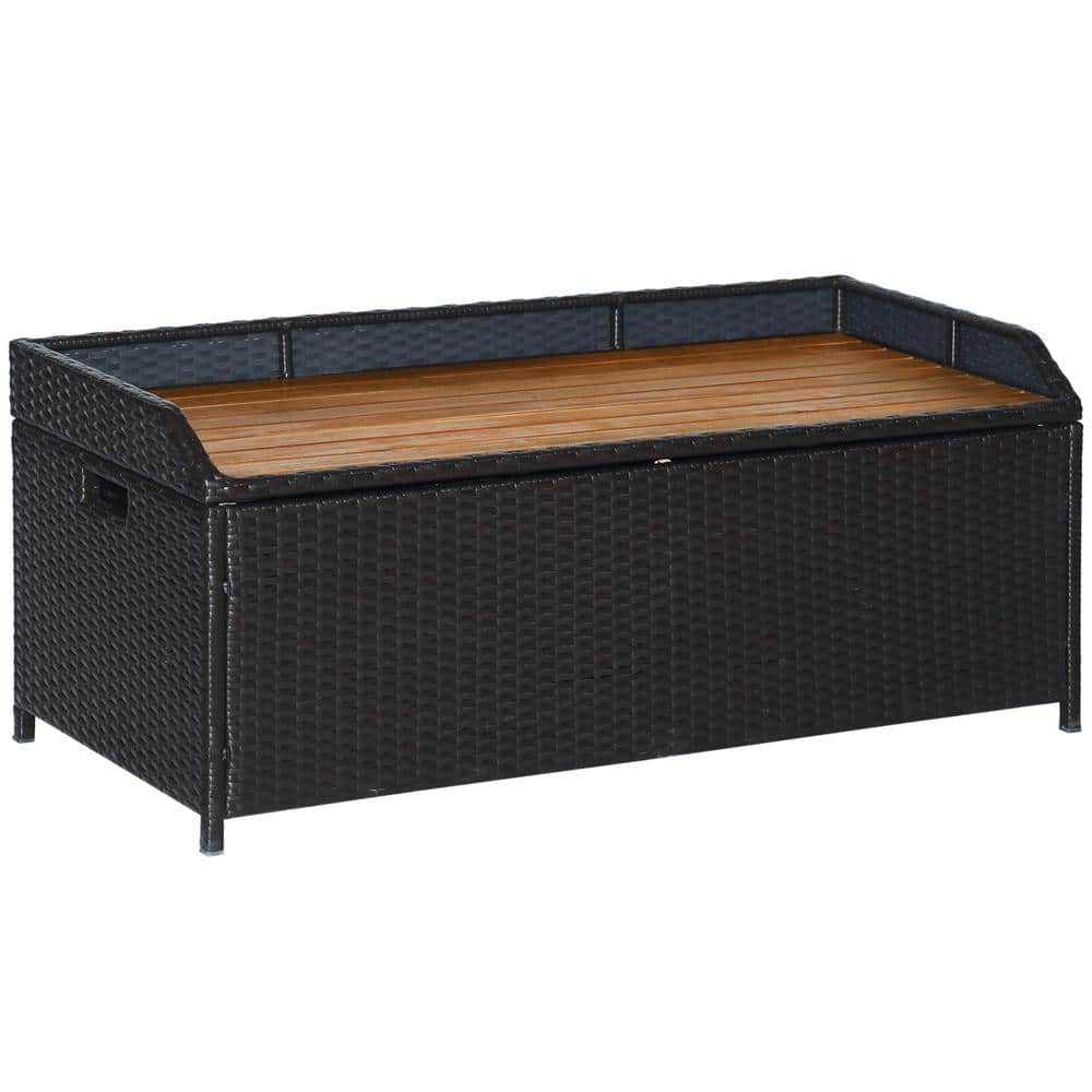 Outsunny 52 Gal. Wicker Deck Box Bench, Steel Patio Furniture Pool Outdoor Storage Bench Container w/Natural Wood Top