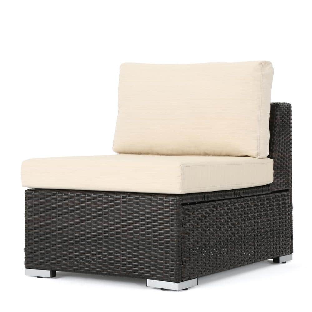 Noble House Nolan Multi Brown Wicker Armless Middle Outdoor Sectional Chair with Beige Cushion