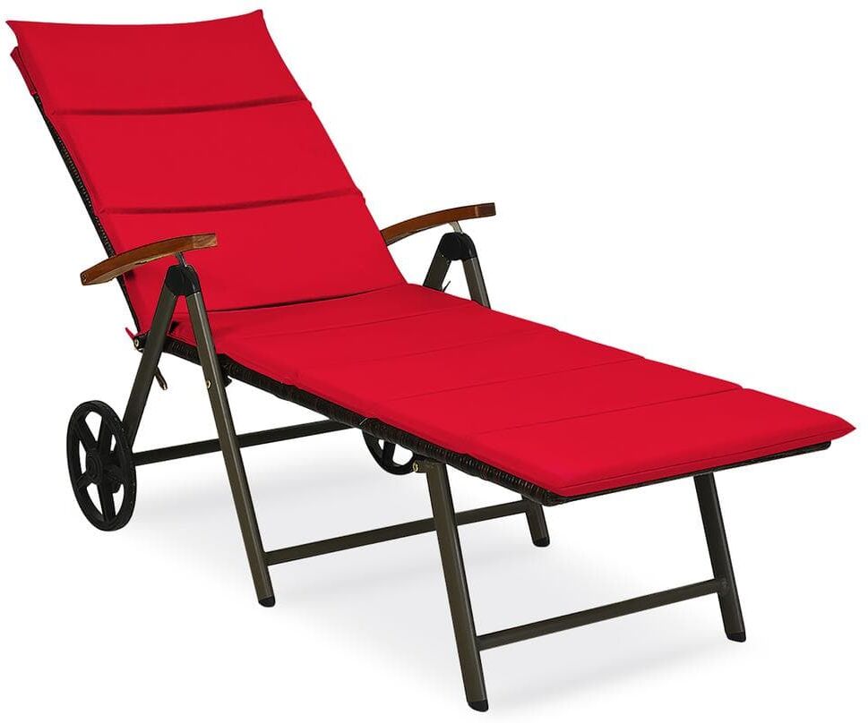 Costway Adjustable Height Folding Patio Rattan Outdoor Lounge Chair Chaise Cushioned Aluminum Wheel with Red Cushion