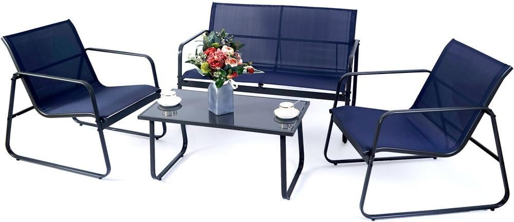 KOZYARD Gray 4-Piece Metal Patio Conversation Set with Blue Breathable Textilence Seating