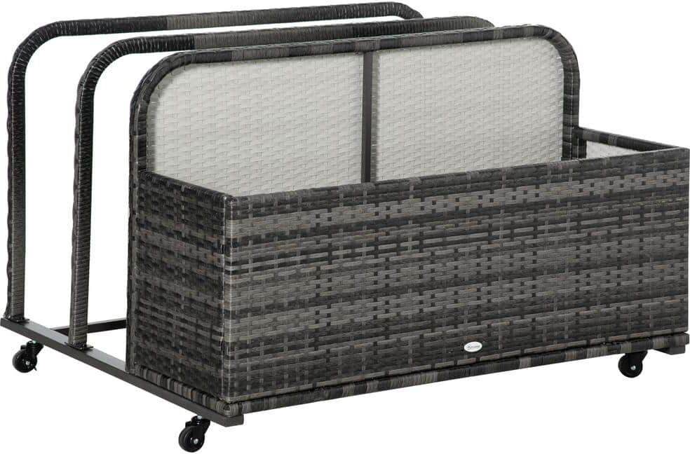 Outsunny 40 Gal. Grey Rattan Wicker Rolling Deck Box for Floats, Noodles, Paddles, Balls, Towels, Accessories