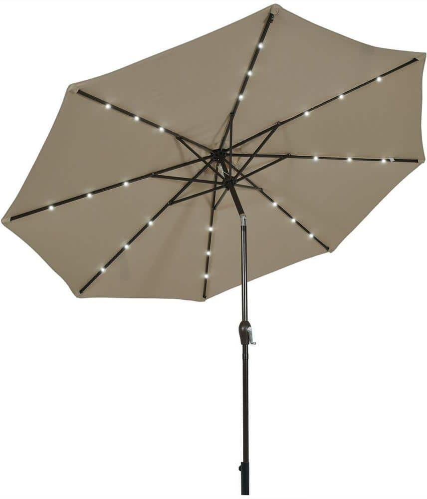 ANGELES HOME 10 ft. Iron Crank Lift Market Solar Panel Powered LED Light Tilt Patio Umbrella in Tan