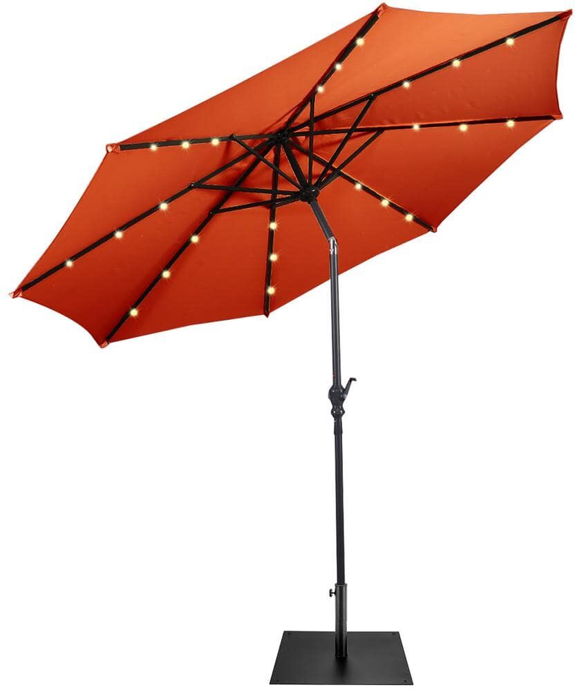 Costway 9 ft. Market Patio Umbrella in Orange with Solar Lights and 40 lbs. Steel Umbrella Stand