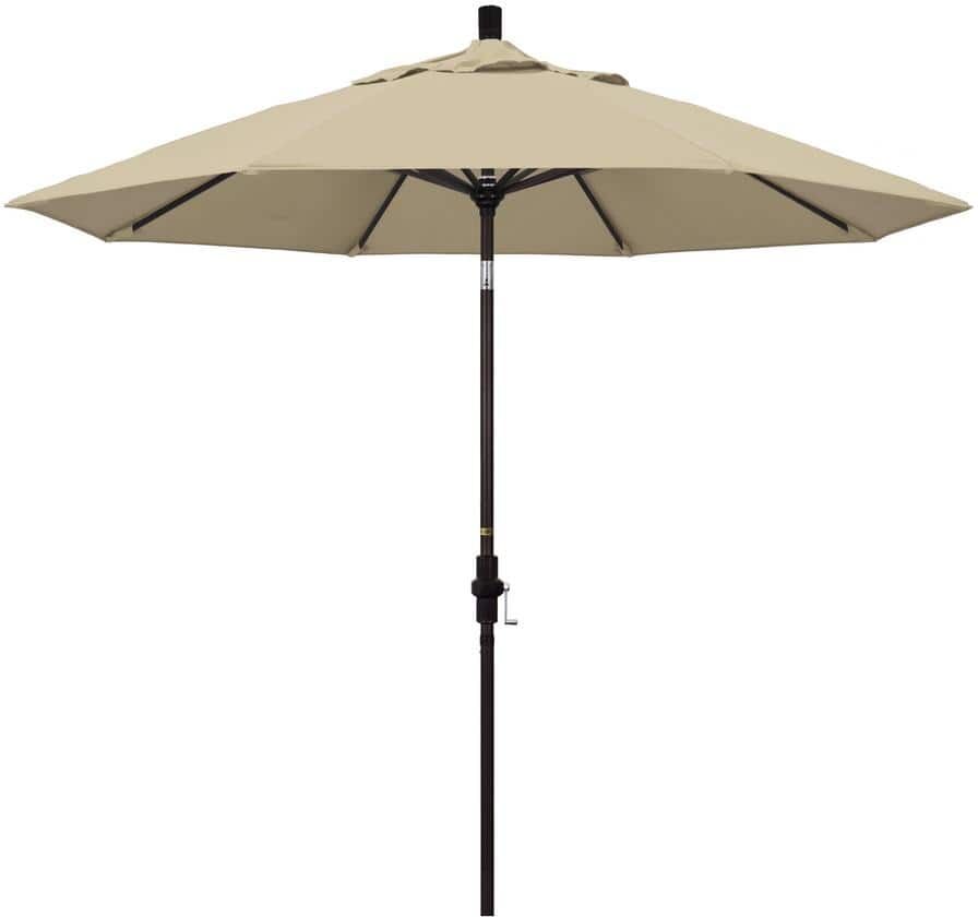 California Umbrella 9 ft. Bronze Aluminum Pole Market Aluminum Ribs Collar Tilt Crank Lift Patio Umbrella in Antique Beige Sunbrella