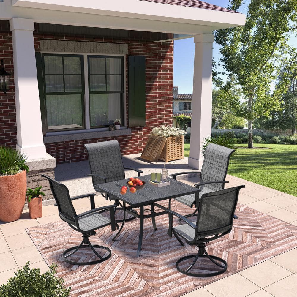 Clihome 5-Piece Gray Iron Removable Teslin Swivel Chair and Table Outdoor Dining Set