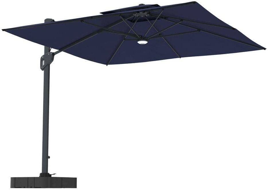 Mondawe 10 ft. Aluminum Cantilever Bluetooth Speaker Atmosphere Lamp Offset Outdoor Patio Umbrella with Base/Stand in Navy Blue