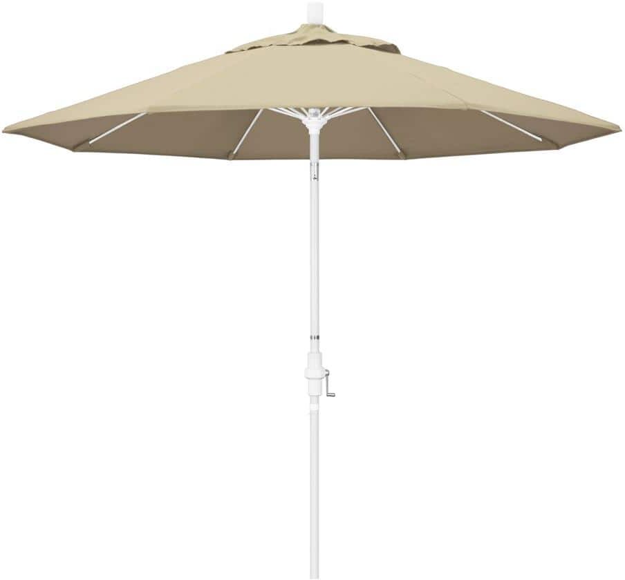 California Umbrella 9 ft. Matted White Aluminum Market Patio Umbrella with Collar Tilt Crank Lift in Antique Beige Sunbrella