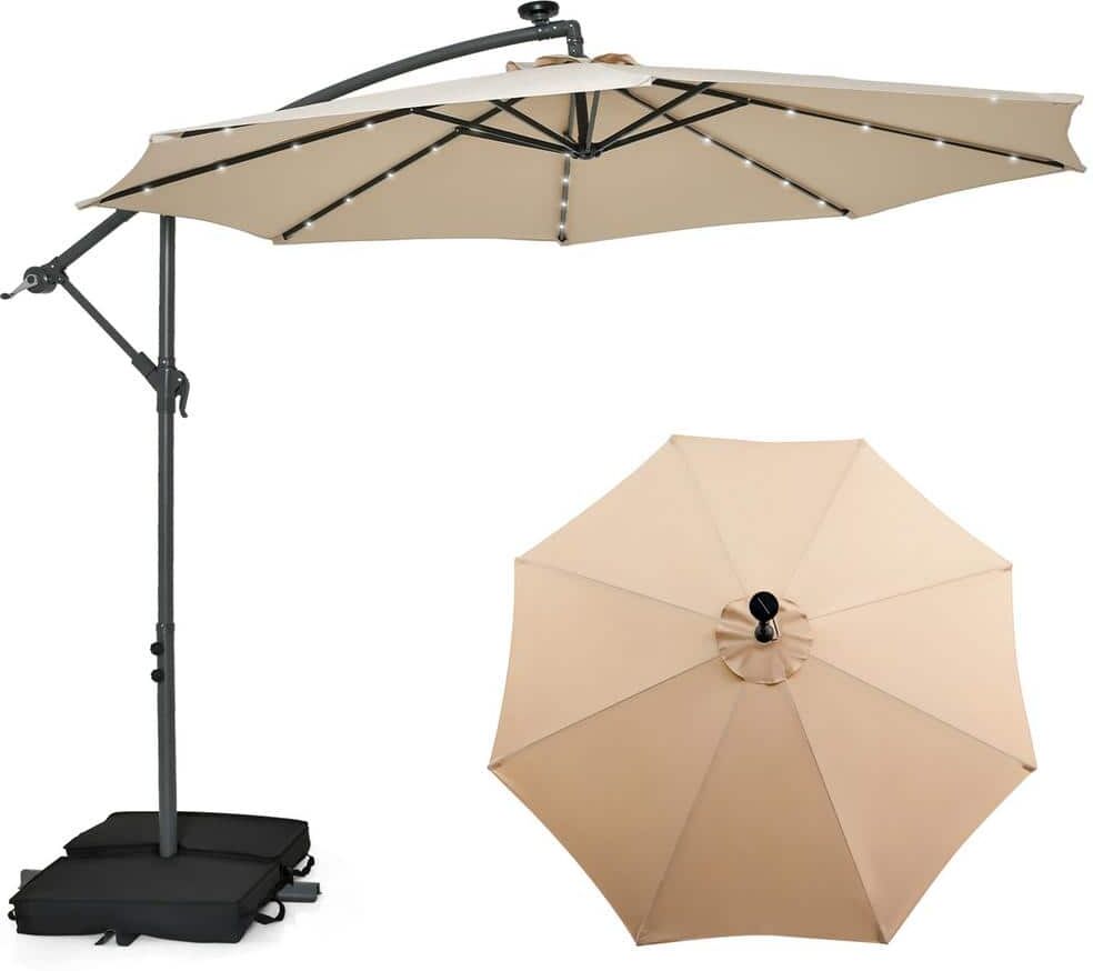 Costway 10 ft. Cantilever Hanging Offset 32 LED Lights Sand Bag Outdoor Cross Base Patio Umbrella in Beige