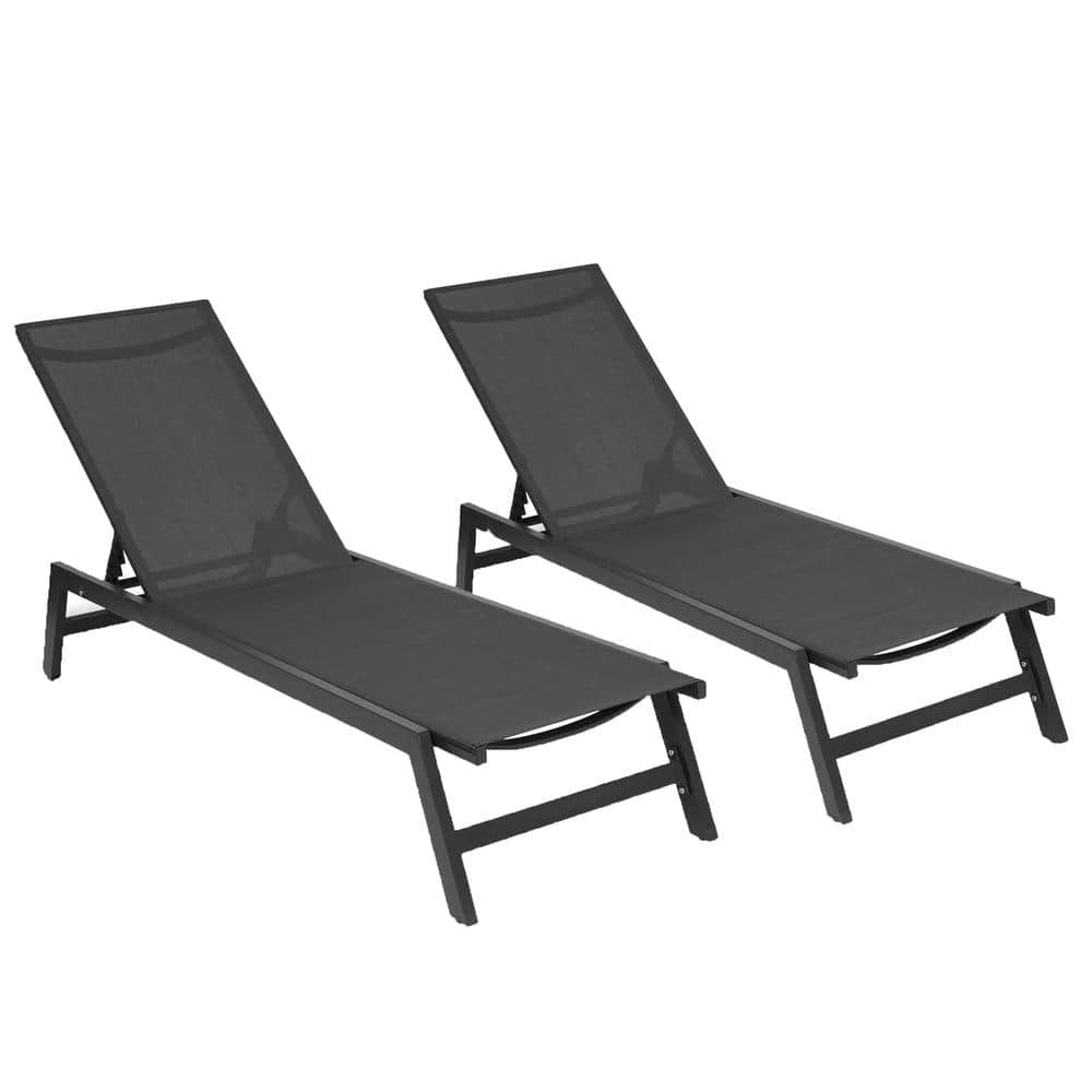 Cesicia 2-Piece Black Metal Patio Outdoor Chaise Lounge Chairs with Five-Position Adjustable Aluminum Recliner Two Feet Wheels