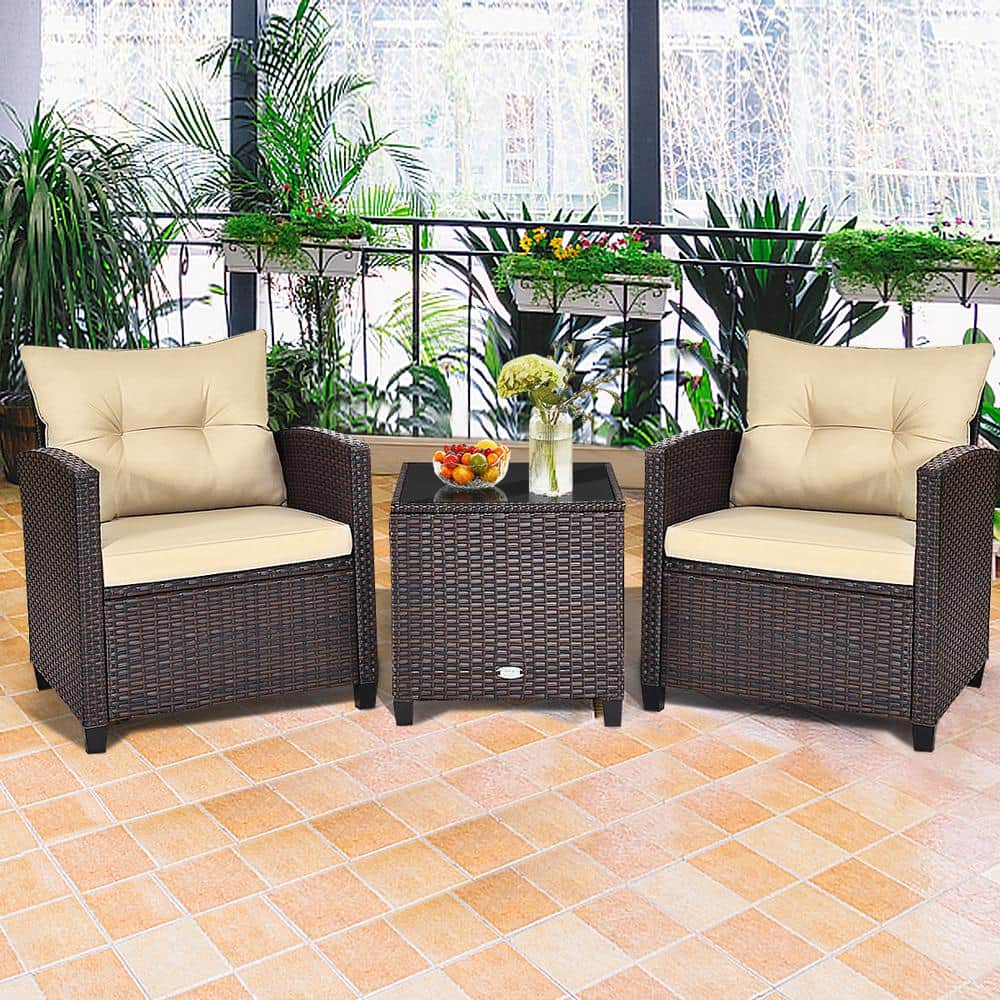 Costway 3-Piece Rattan Wicker Patio Conversation Set Sofa Coffee Table with Beige Cushions