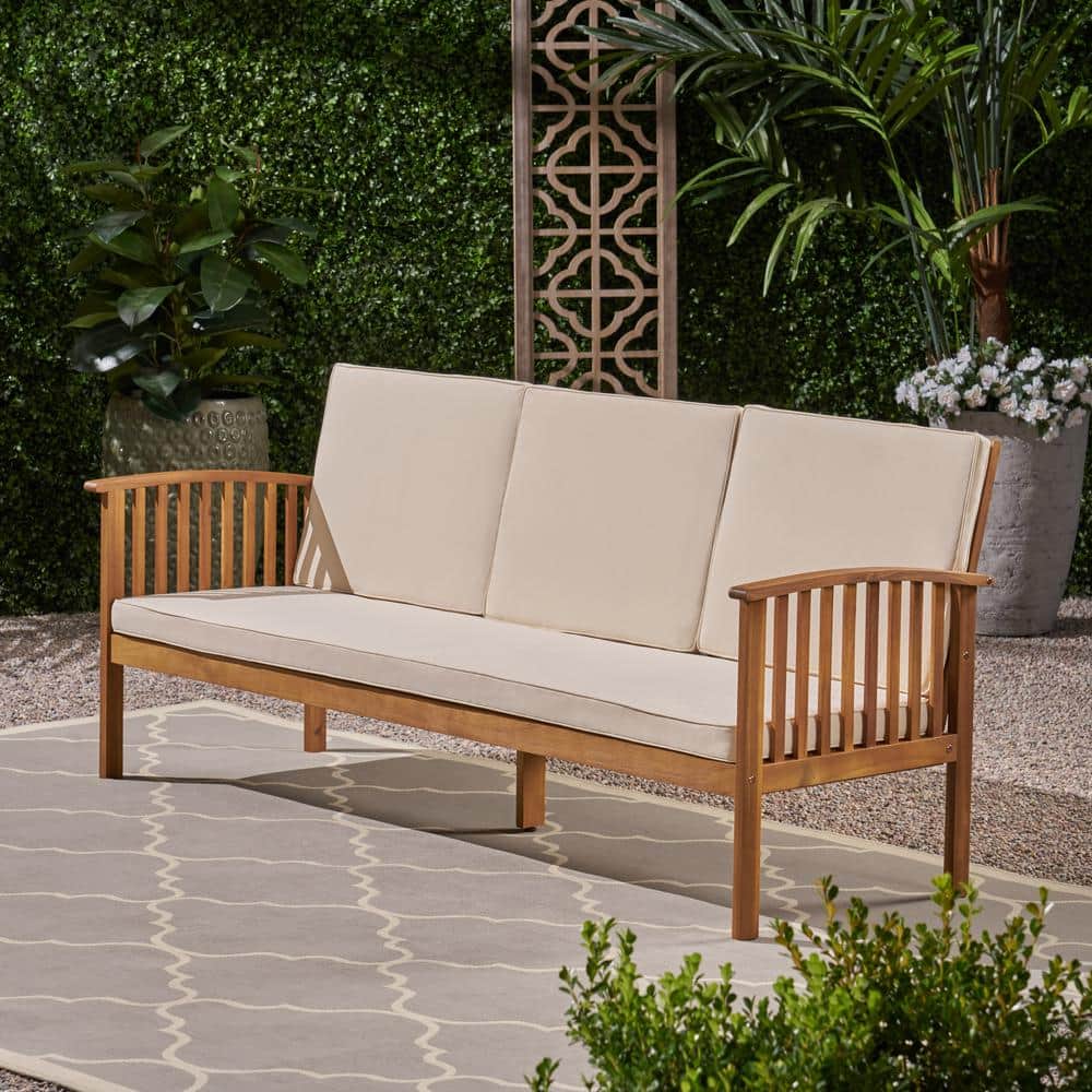 Noble House Carolina Teak Brown 1-Piece Wood Outdoor Couch with Cream Cushions