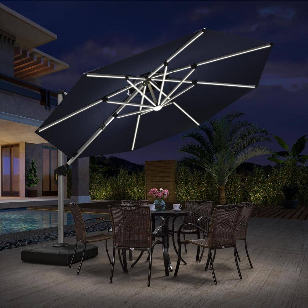 PURPLE LEAF 11 ft. Octagon Aluminum Solar Powered LED Patio Cantilever Offset Umbrella with Base, Navy Blue