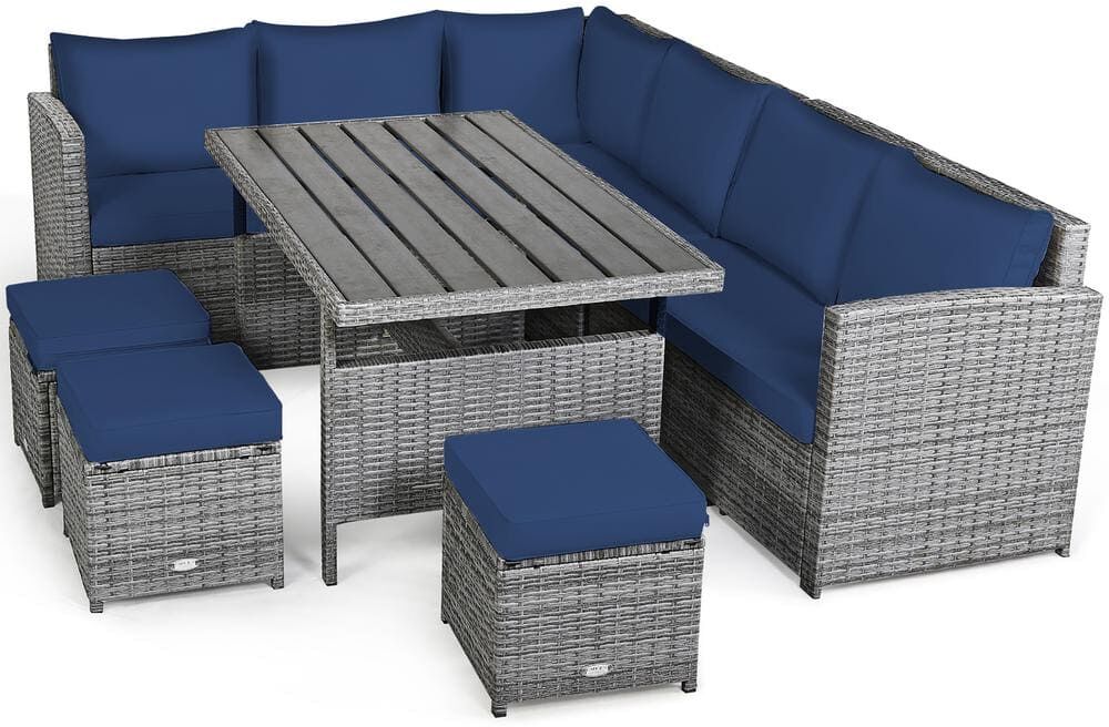 Costway 7-Piece Wicker Patio Outdoor Dining Set Sectional Sofa with Blue Cushions