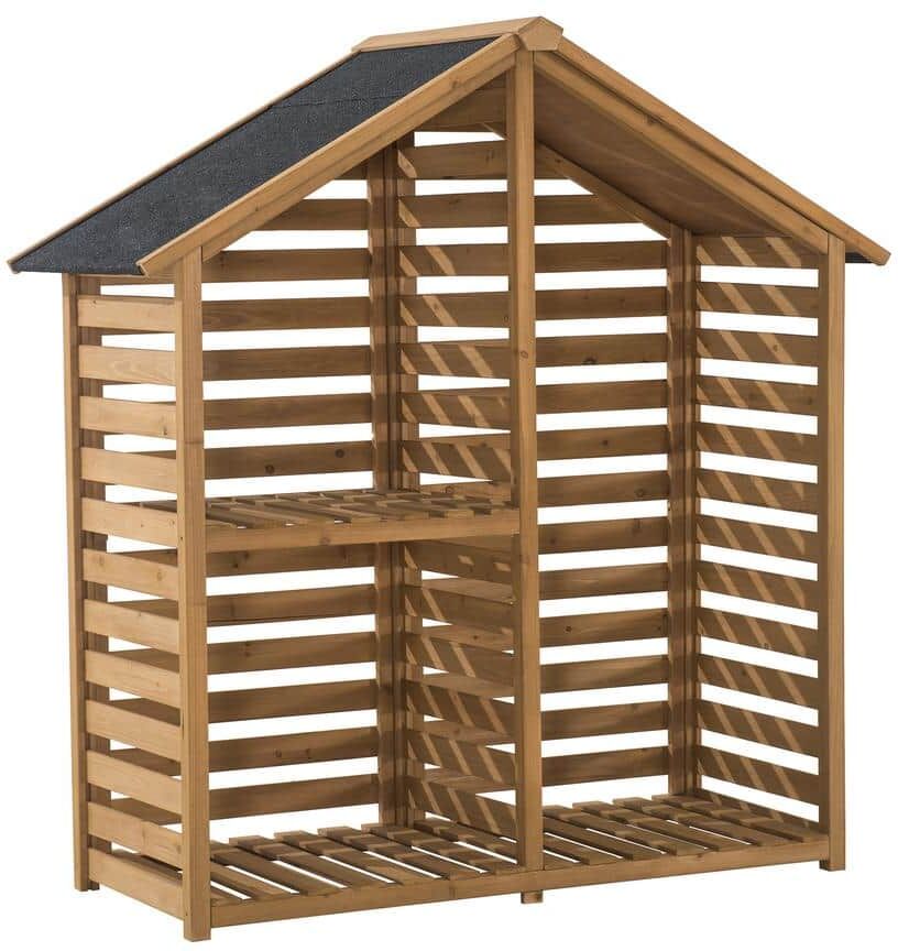 Sunjoy YardCove 29.76 in. Outdoor Firewood Storage Rack with Asphalt Roof and 2-Tier Shelves