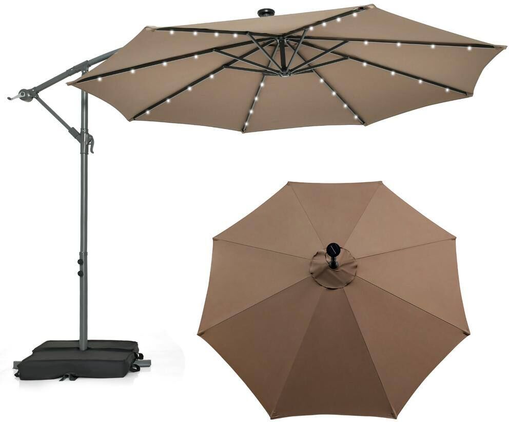 Costway 10 ft. Cantilever Hanging Offset 32 LED Lights Sand Bag Outdoor Cross Base Patio Umbrella in Coffee