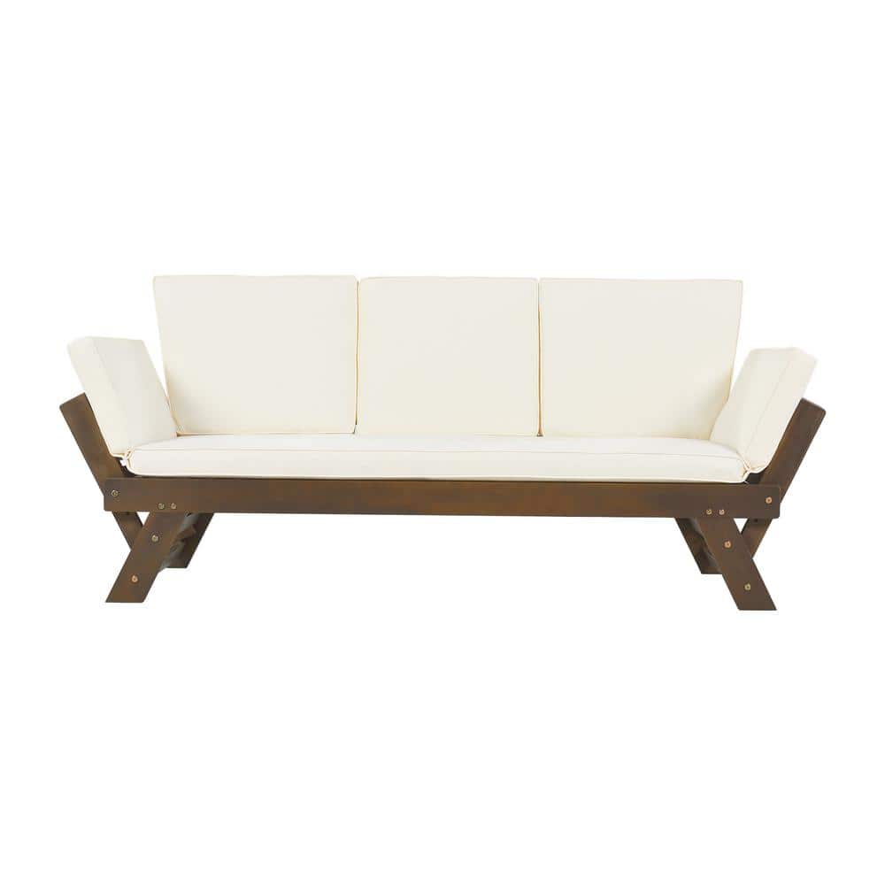 Anvil 3-Seat Wood Adjustable Outdoor Sofa Couch Patio Chaise Lounge Outdoor Loveseat Day Bed with Beige Cushions