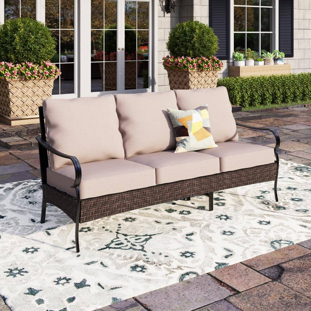 PHI VILLA Black Metal Frame Dark Brown Rattan Wicker Outdoor Patio 3 Seat Sofa Couch with Beige Cushions