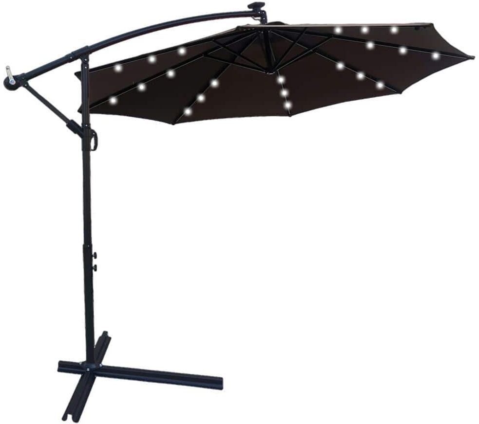 10 ft. Solar LED Steel Cantilever Outdoor Patio Umbrella with Crank and Cross Base in Chocolate