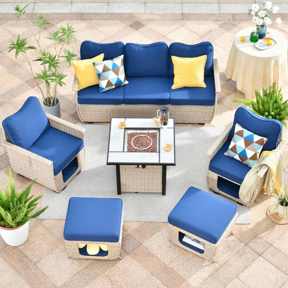 HOOOWOOO Echo Beige 6-Piece Wicker Outdoor Multi-Functional Patio Conversation Sofa Set with a Fire Pit and Navy Blue Cushions