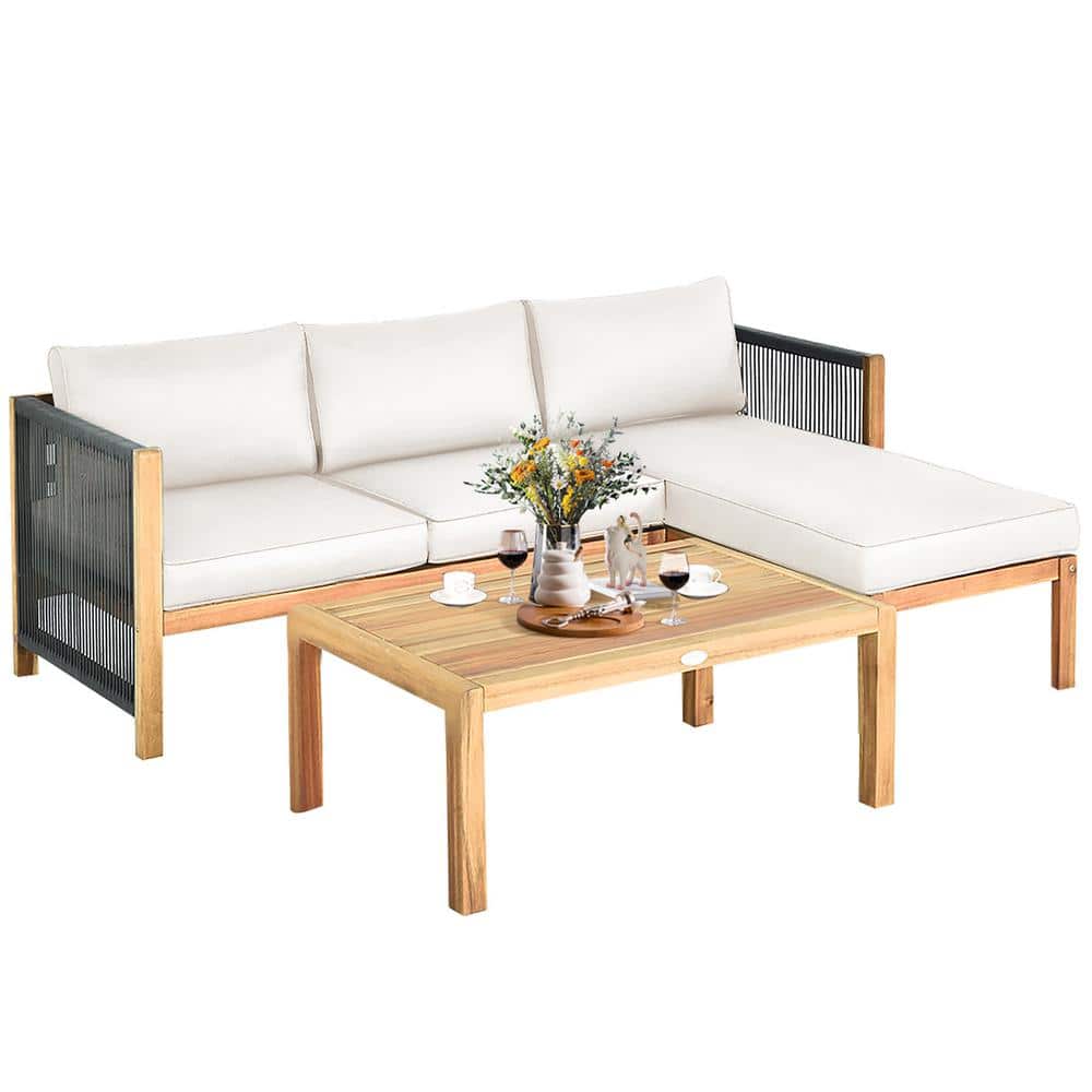 Costway 3-Piece Patio Acacia Wood Sofa Furniture Set Thick Cushion with Nylon Rope Armrest