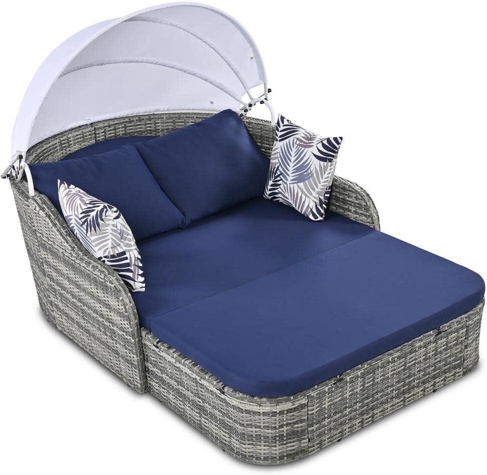 Wicker Outdoor Chaise Sofa Bed, Loveseat Sectional Sofa Bed with Pillows Gray Wicker and Blue Cushions