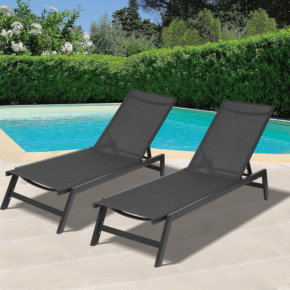 Afoxsos Black 2-Pieces Set Aluminum Outdoor Chaise Lounge Chairs, 5-Position Adjustable Recliner for Patio, Beach, Yard, Pool