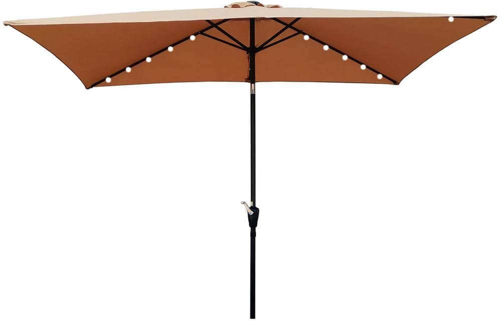 10 ft. Solar Led Powder Coated Aluminum Rectangular Market Outdoor Patio Umbrella with Crank Button Tilt System in Brown