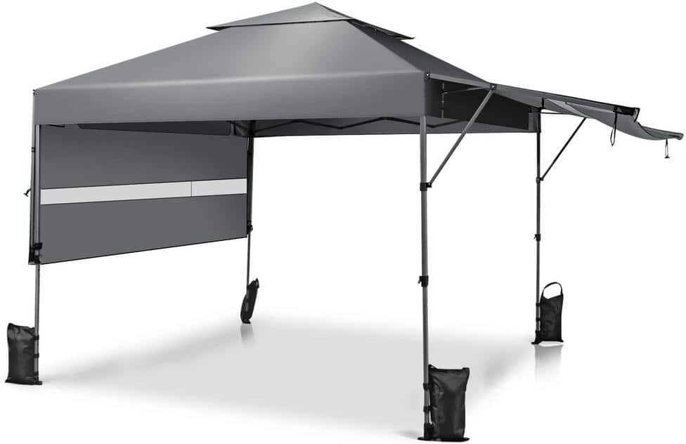 Costway 10 ft. x 17.6 ft. Gray Outdoor Instant Pop-up Canopy Tent Dual Half Awnings Adjust Patio