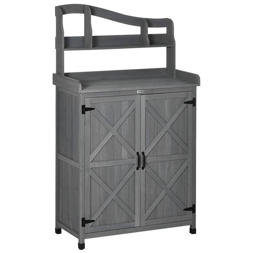 Outsunny 37.5 in. W x 66.75 in. H Gray Potting Bench Table and Garden Storage Cabinet