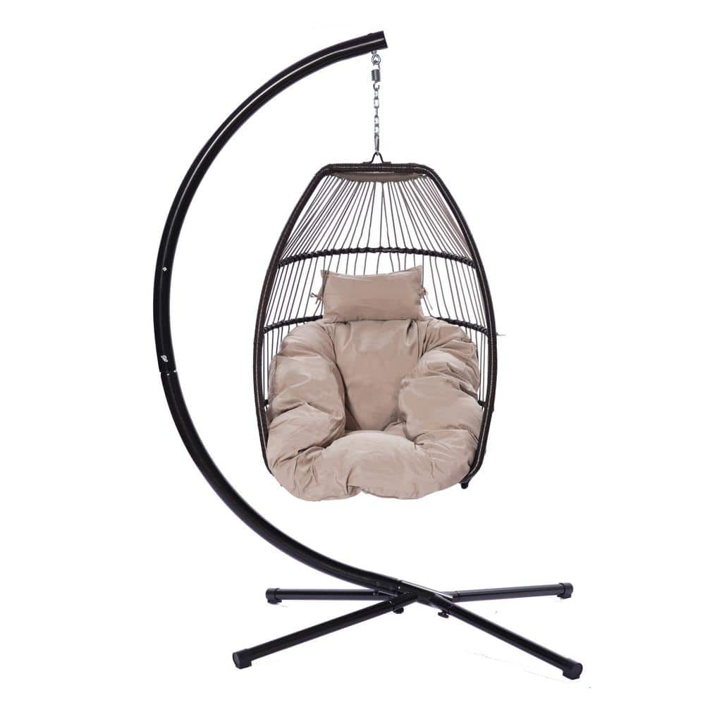 3.75 ft. Patio Swing Courtyard Wicker Folding Hanging Chair with Beige Brown Cushion and Pillow