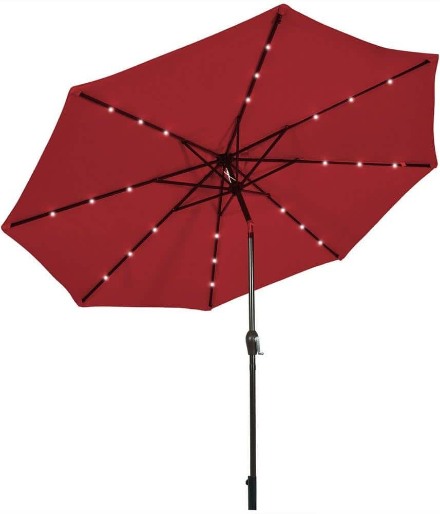 ANGELES HOME 10 ft. Iron Crank Lift Market Solar Panel Powered LED Light Tilt Patio Umbrella in Wine