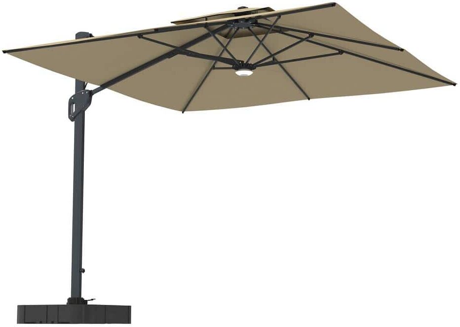 Mondawe 10 ft. Aluminum Cantilever Bluetooth Speaker Atmosphere Lamp Offset Outdoor Patio Umbrella with Base/Stand in Taupe