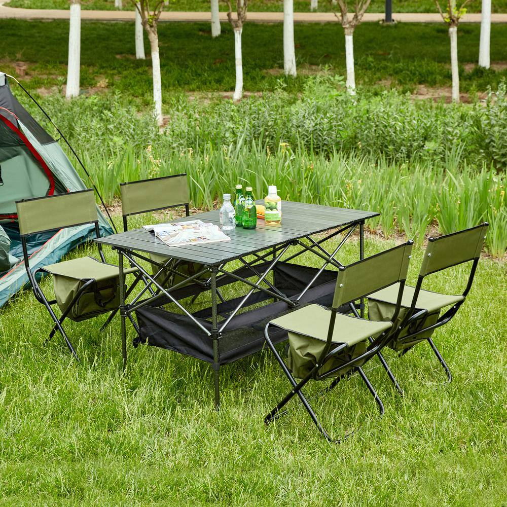 5-Piece Outdoor Steel and Green Oxford Cloth Folding Camping Chairs with Folding Rectangular Table