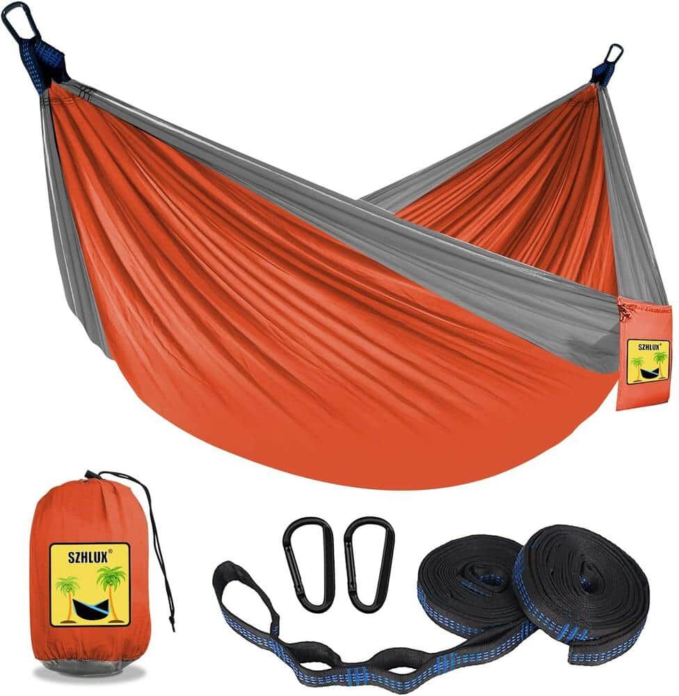 ITOPFOX 8.8 ft. Double and Single Medium Portable Hammock with Storage Bag, 2 10-ft. Talon Straps in Orange and Gray