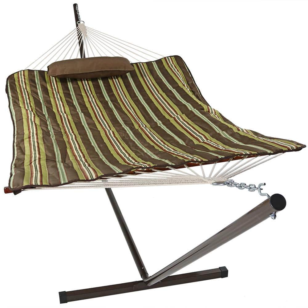 Sunnydaze Decor 12 ft. L Rope Hammock Bed Combo with Stand, Pad and Pillow in Desert Stripe