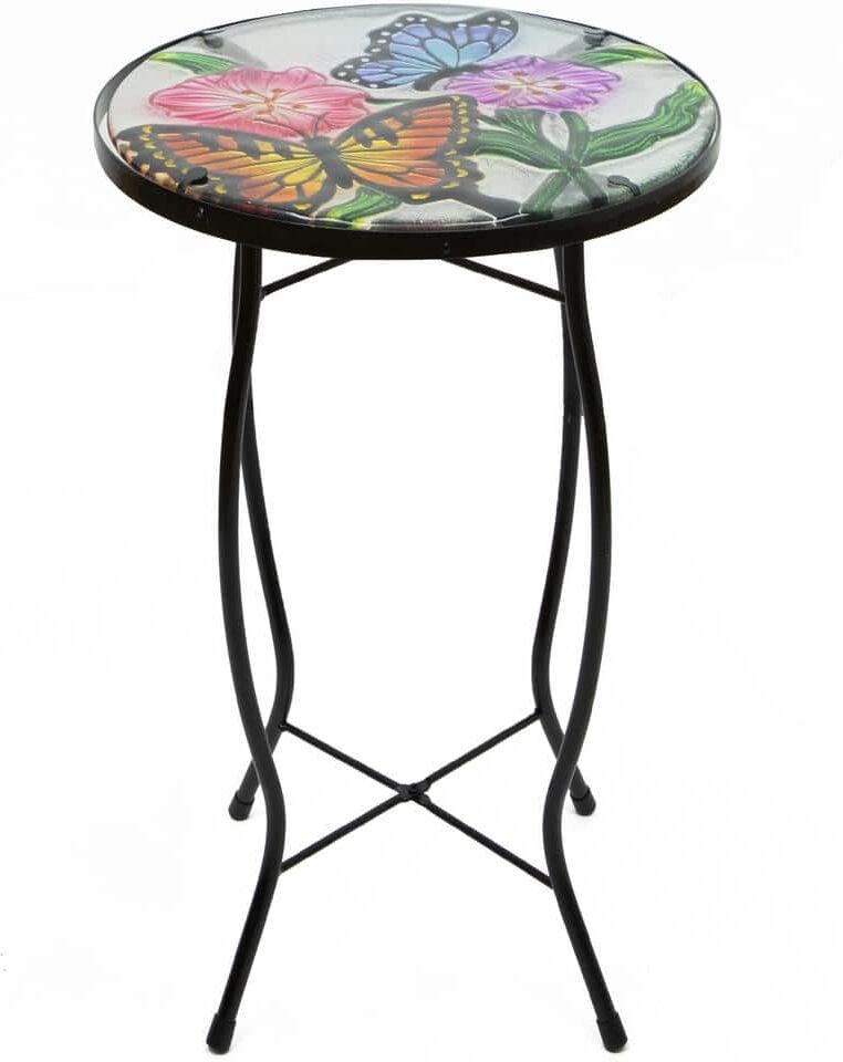 Northlight 19 in. Floral and Butterfly Glass Patio Side Table