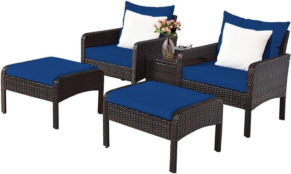 Costway 5 -Piece Patio Rattan Wicker Furniture Set Sofa Ottoman Coffee Table Cushioned Navy