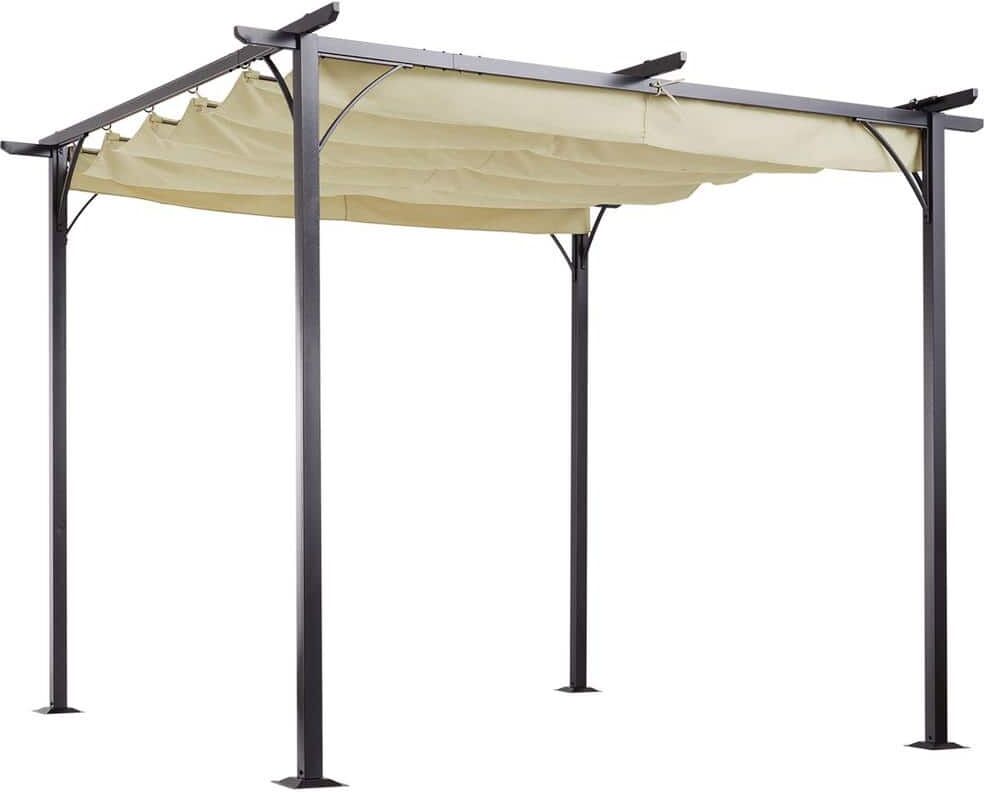 Zeus & Ruta 10 ft. x 10 ft. Steel Frame Beige Outdoor Retractable Pergola Canopy Grill Gazebo for Backyard, Porch, Party, Garden