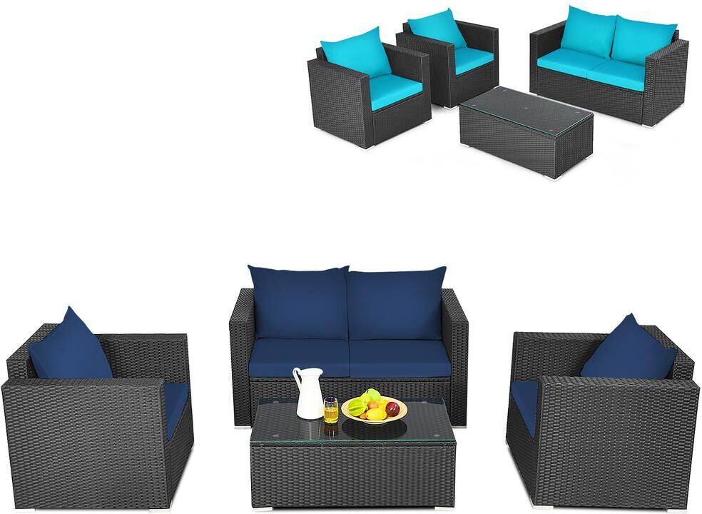 Costway 4-Piece Wicker Patio Conversation Furniture Set Cushioned Sofa Loveseat with Navy & Turquoise Cover