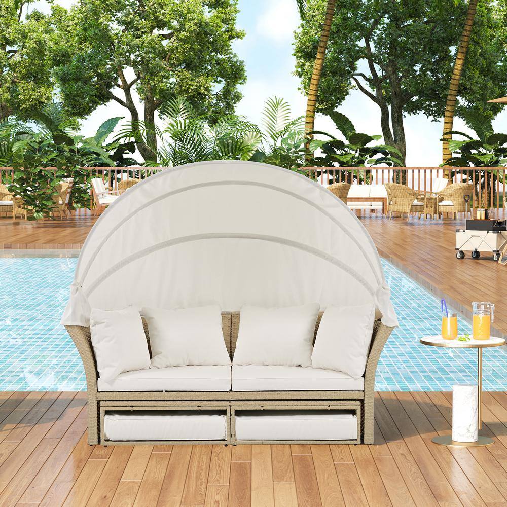 Harper & Bright Designs High-End Wicker Outdoor Patio Day Bed with Beige Cushions, 4 Pillows and Retractable Canopy