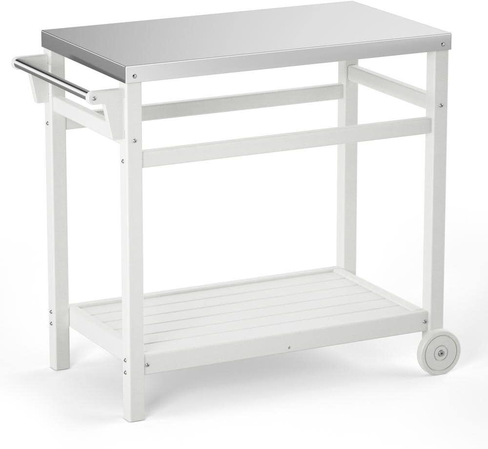 Tatayosi White Backyard Outdoor BBQ Cart with Rust-Proof Stainless Steel Countertop