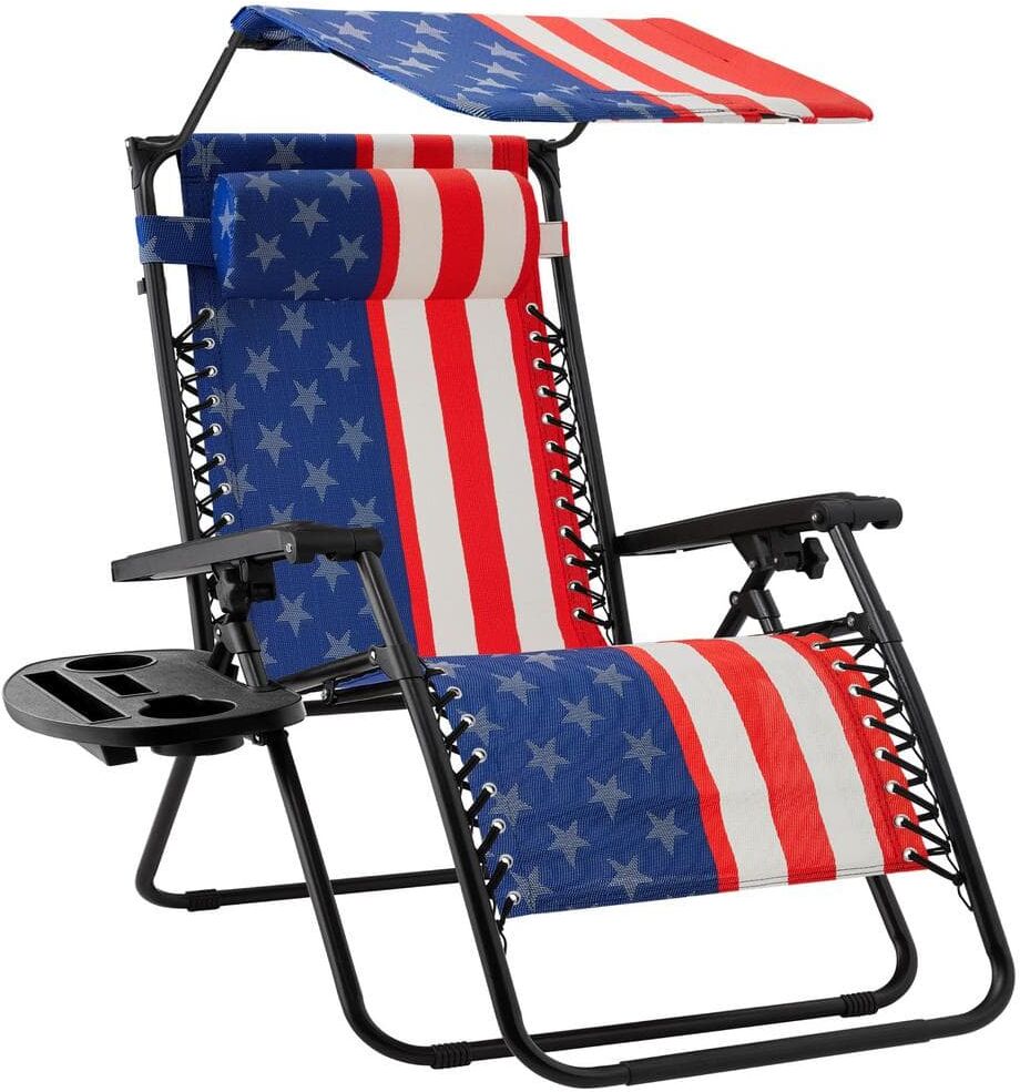 Best Choice Products Zero Gravity Folding Reclining American Flag Outdoor Lawn Chair with Canopy Shade, Headrest Tray