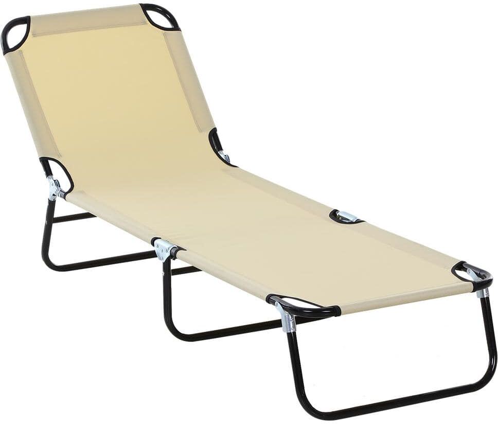 Huluwat Black Steel Frame 1-Piece Foldable Outdoor Chaise Lounge with Strong Beige Oxford Fabric for Beach, Yard, Patio, Pool