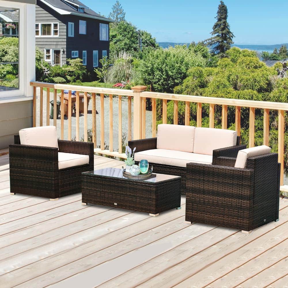 Outsunny Brown 4-Piece Steel Plastic Rattan Patio Conversation Set with Beige Cushions, 1 Sofa, 2 Armchairs, and Coffee Table