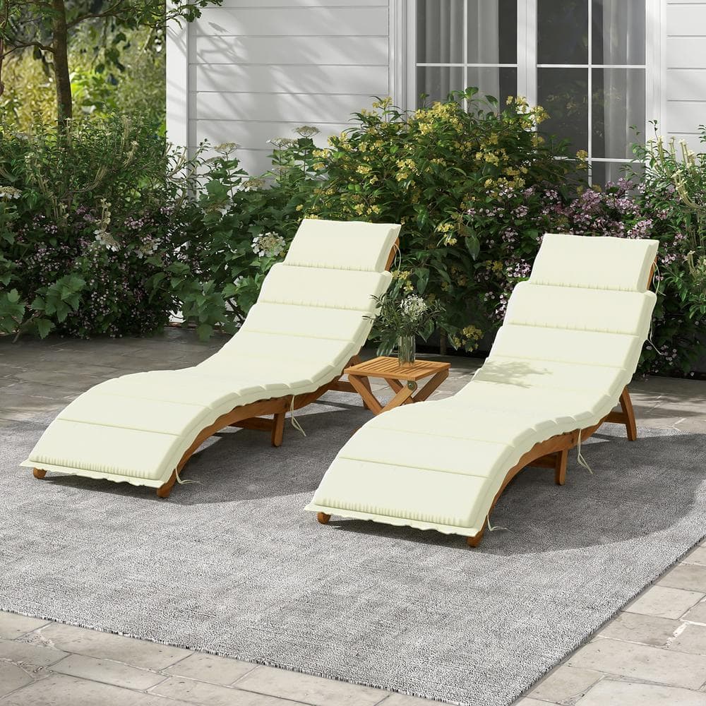 3-Piece Wood Outdoor Chaise Lounge Set with Beige Cushions and Table