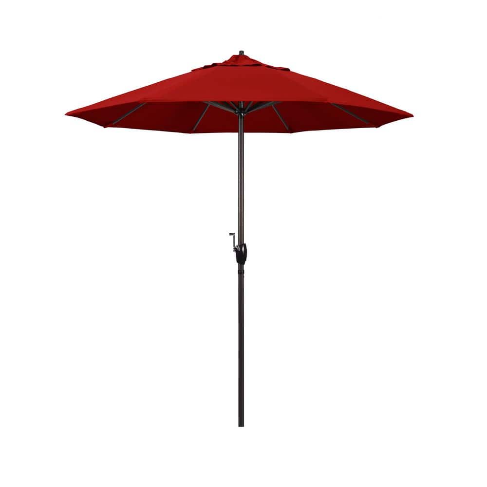 California Umbrella 7.5 ft. Bronze Aluminum Market Auto-Tilt Crank Lift Patio Umbrella in Jockey Red Sunbrella
