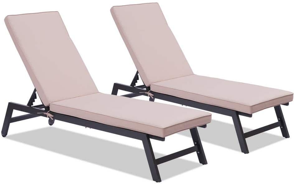 Afoxsos Black 2-Piece 5-Position Adjustable Aluminum Outdoor Chaise Lounge Chair Set with Beige Cushions, For Patio