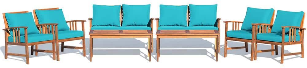 Costway 8-Piece Teak Cushioned Garden Patio Furniture Table Sofa Chair Set Cover Turquoise Cushions