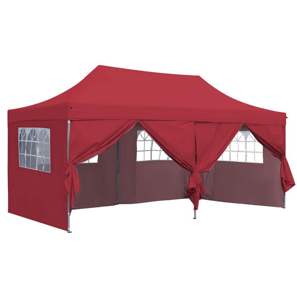 OVASTLKUY 10 ft. x 20 ft. Red Patio Canopy Tent Outdoor with 6 Sidewalls and Carrying Bag